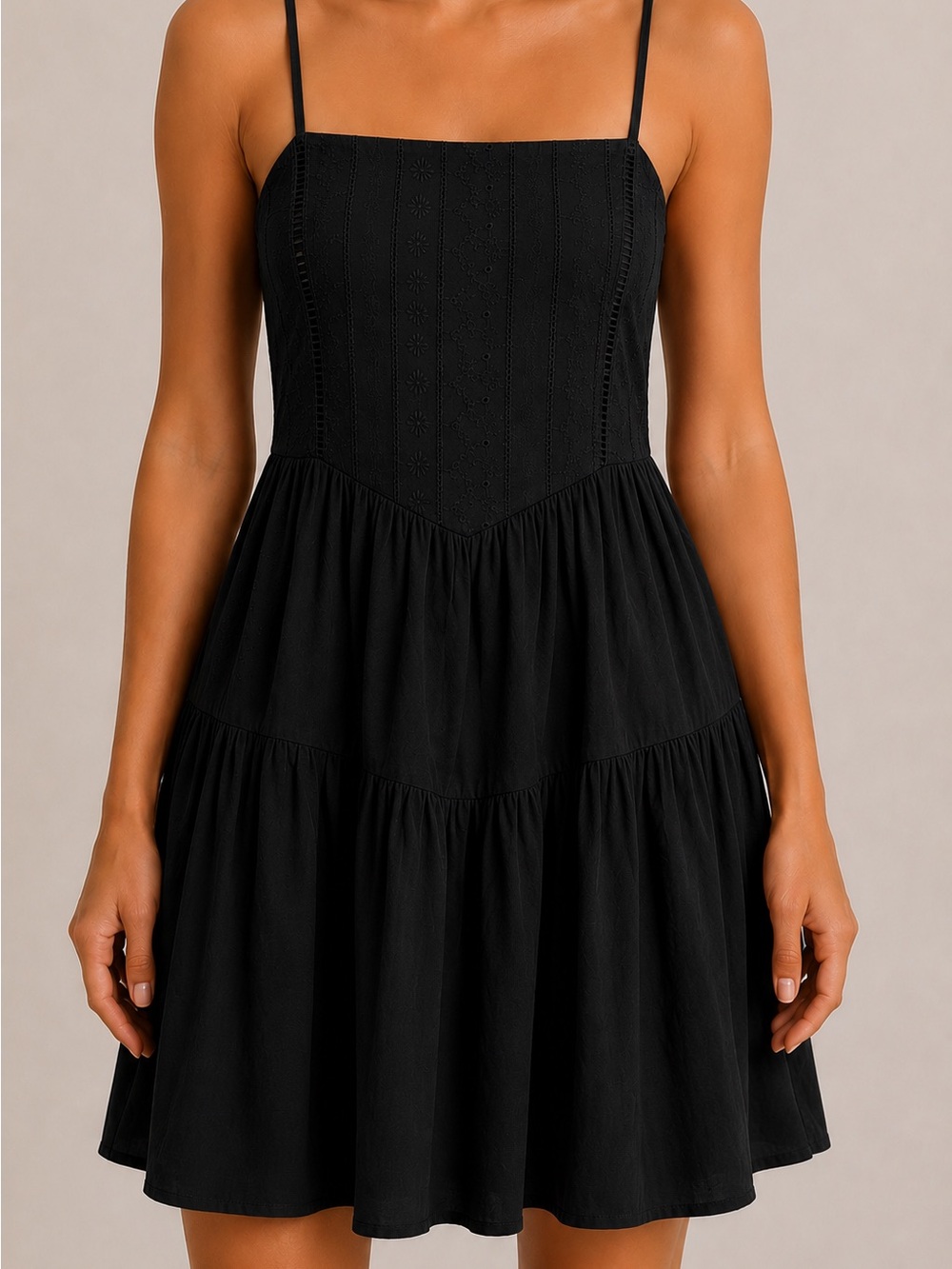 Black Tiered Spaghetti-Strap Mini Dress with Patterned Top